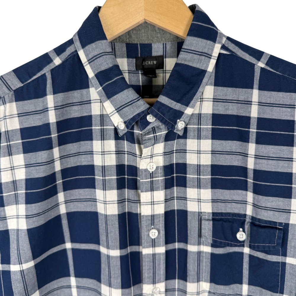 J.Crew Short Sleeve Plaid Button Down Shirt Mens XL Navy Blue White 100% Cotton